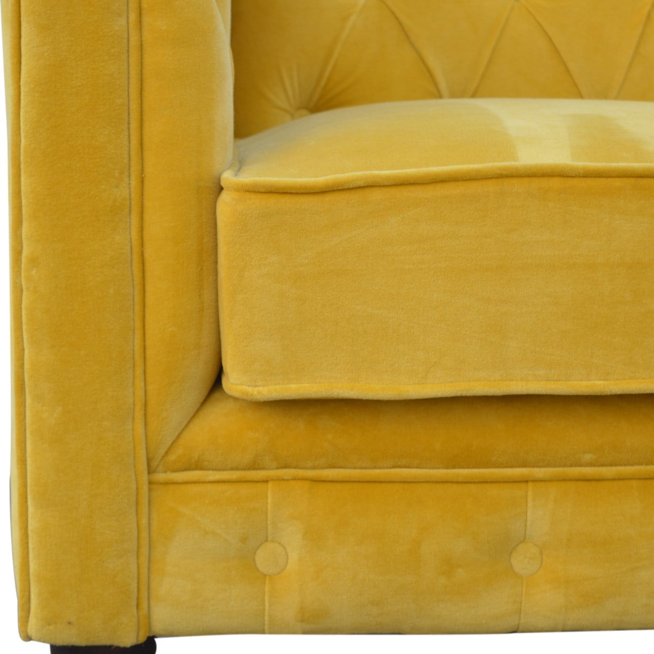 Mustard Velvet Chesterfield Sofa. 100% Solid Mango Walnut Finish