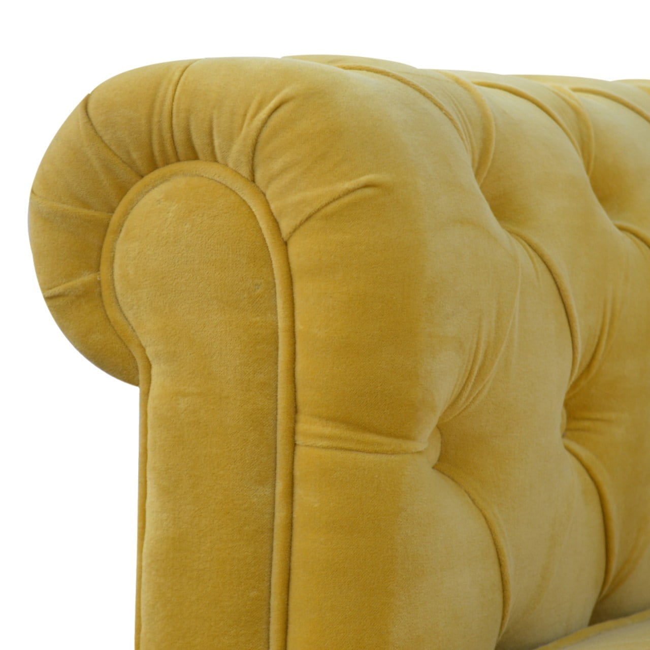 Mustard Velvet Chesterfield Sofa. 100% Solid Mango Walnut Finish