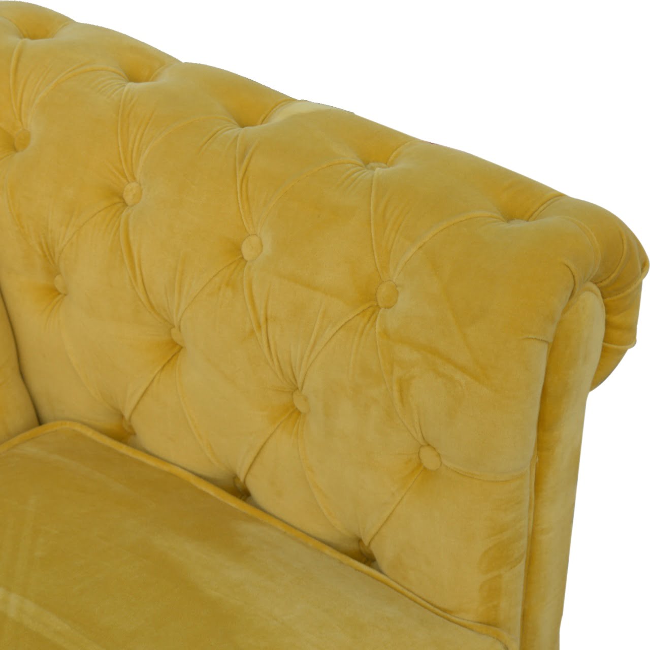 Mustard Velvet Chesterfield Sofa. 100% Solid Mango Walnut Finish