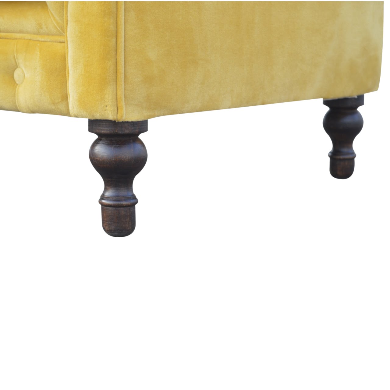 Mustard Velvet Chesterfield Sofa. 100% Solid Mango Walnut Finish