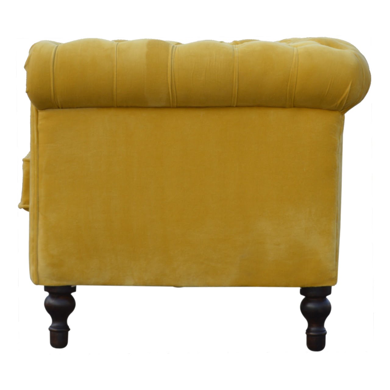 Mustard Velvet Chesterfield Sofa. 100% Solid Mango Walnut Finish