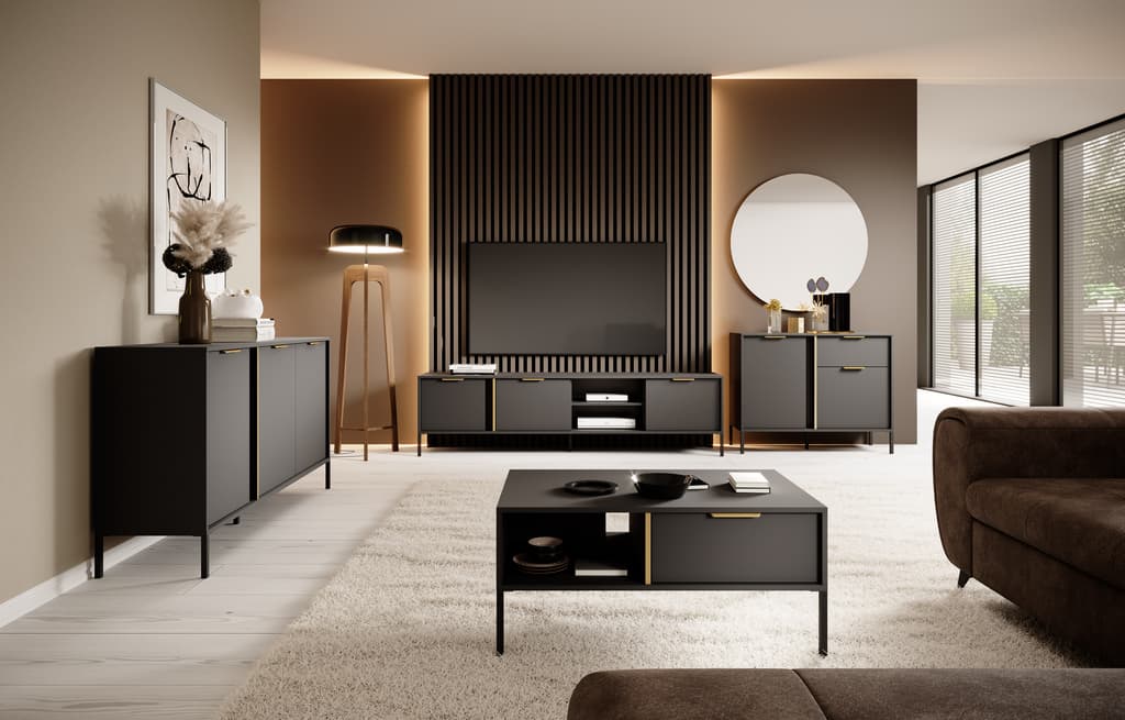 Lars Sideboard Cabinet 153cm [Drawers] Anthracite &amp; Gold