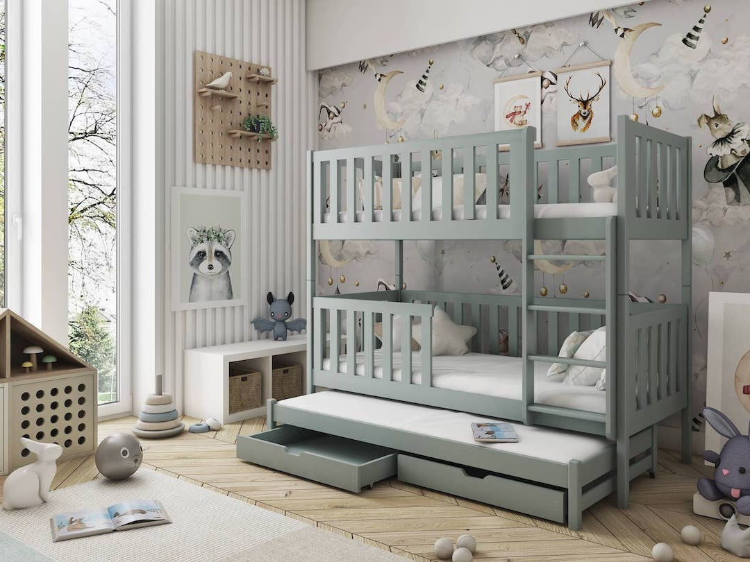 Lea Bunk Bed with Trundle and Storage grey