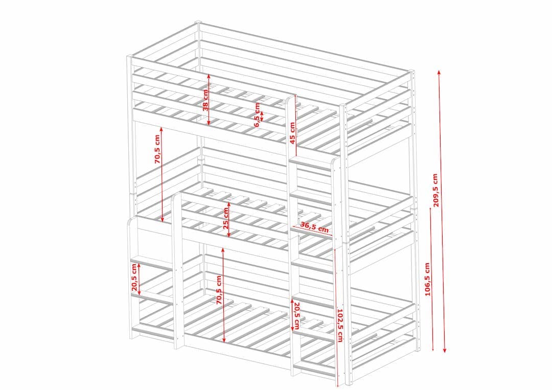 Wooden Triple Bunk Bed Ted white matt