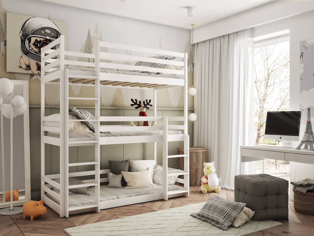 Wooden Triple Bunk Bed Ted white matt