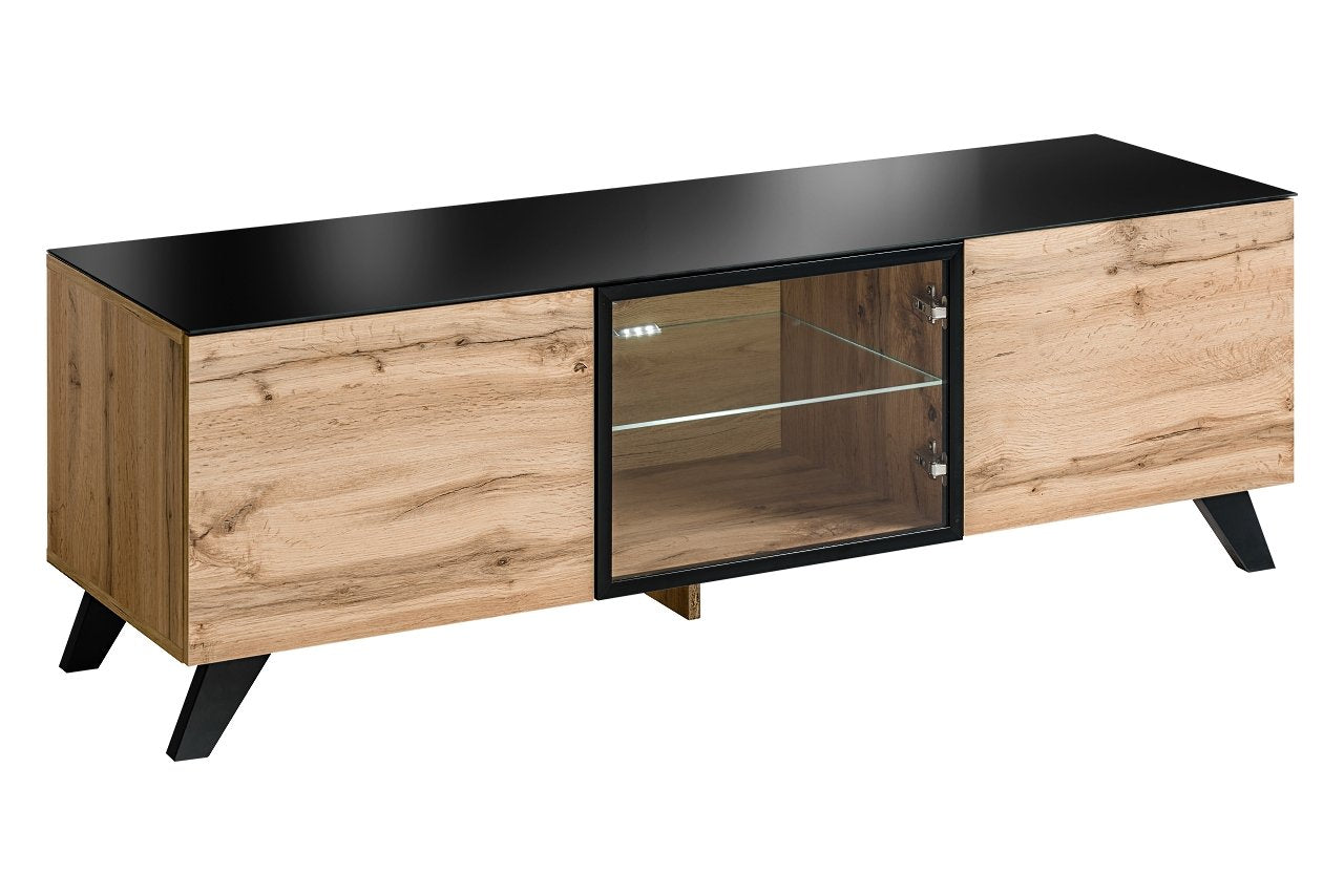 Thin TV Cabinet Wotan Oak with Black Decor