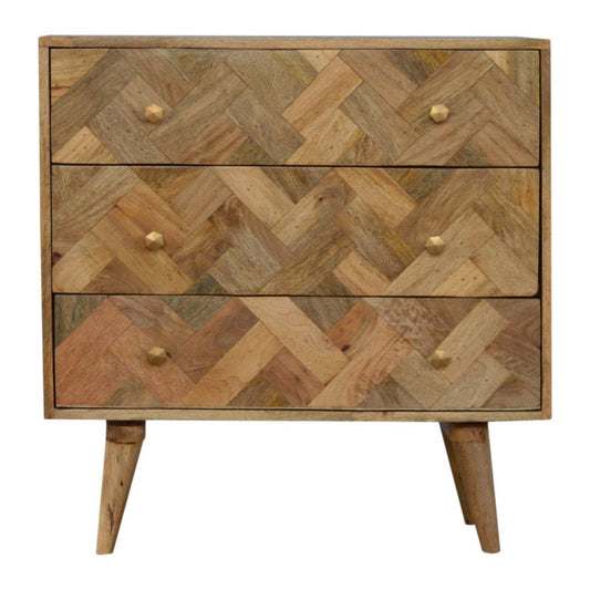 3 Drawer Zig-Zag Patterned Patchwork Chest. Solid Mango Wood