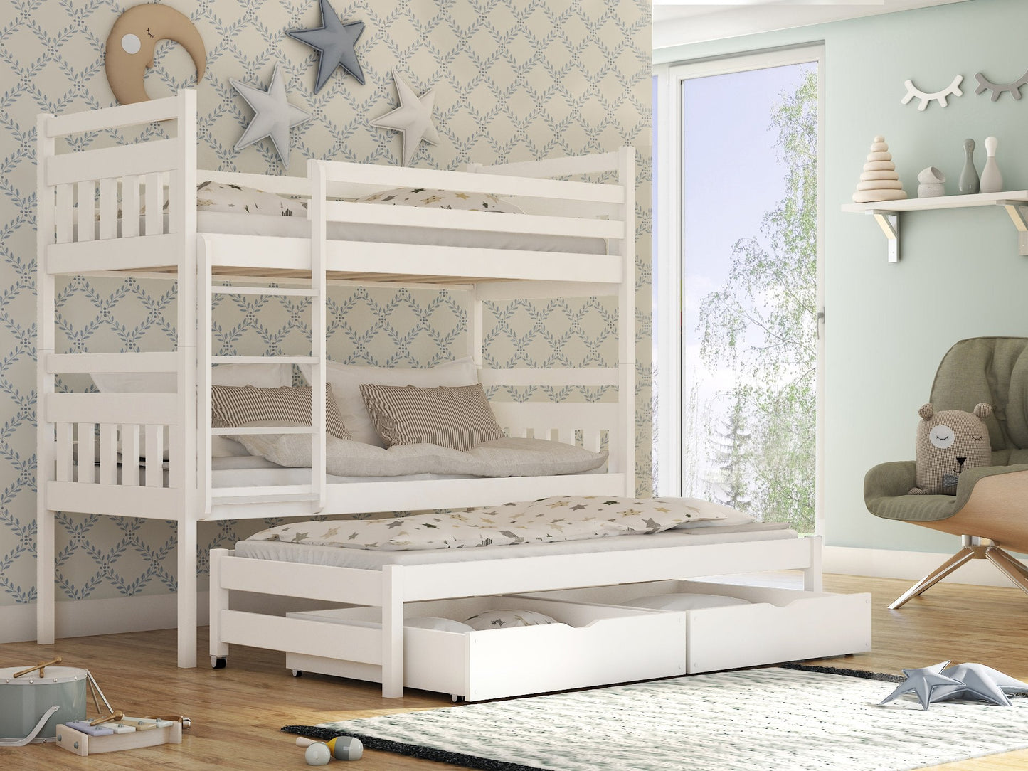 Wooden Bunk Bed Seweryn with Trundle and Storage