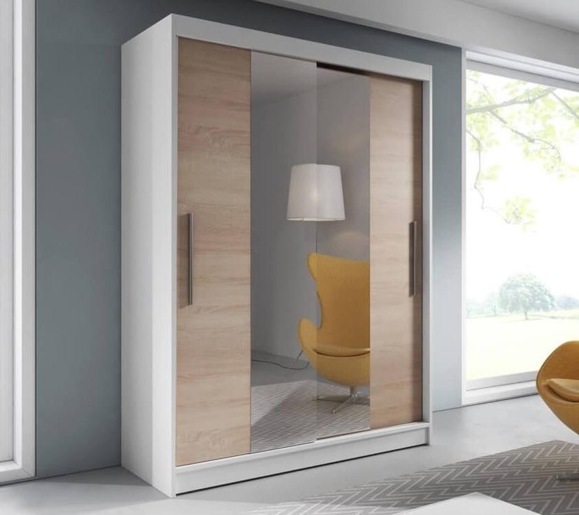 Vista 01 Sliding Mirror Door Wardrobe 150cm in White Matt Oak Sonoma